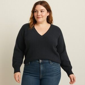 Madewell Wedged V-Neck Sweater Womens XXL Black Cotton‎ Merino Wool Blend Preppy